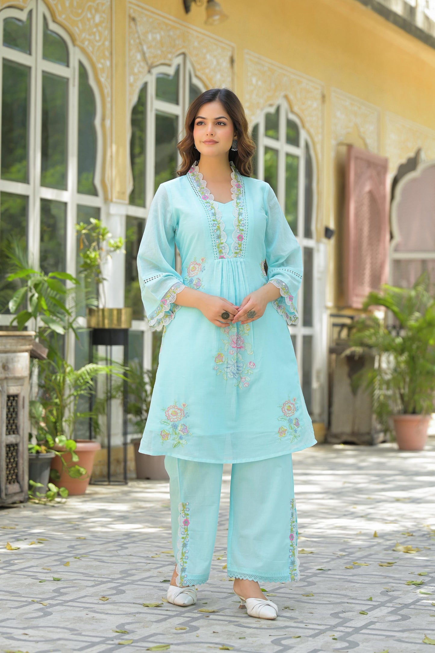 Women's Premium Pure Cotton Embroidered Kurta Pant Set | Sky Blue Cotton Co-Ord with Lace Work | Ethnic Wear
