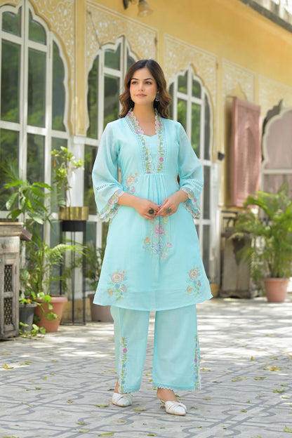 Women's Premium Pure Cotton Embroidered Kurta Pant Set | Sky Blue Cotton Co-Ord with Lace Work | Ethnic Wear