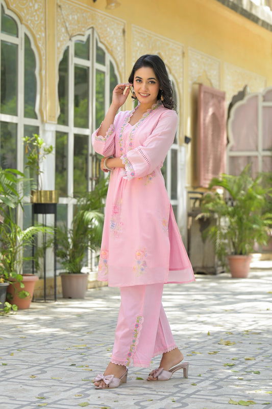 Women's Premium Pure Cotton Embroidered Kurta Pant Set | Pink Cotton Co-Ord Set with Floral Embroidery & Lace Work