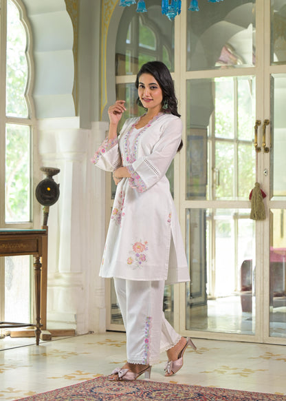 Women's Premium Pure Cotton Embroidered Kurta Pant Set | White Cotton Co-Ord Set with Floral Embroidery & Lace Work