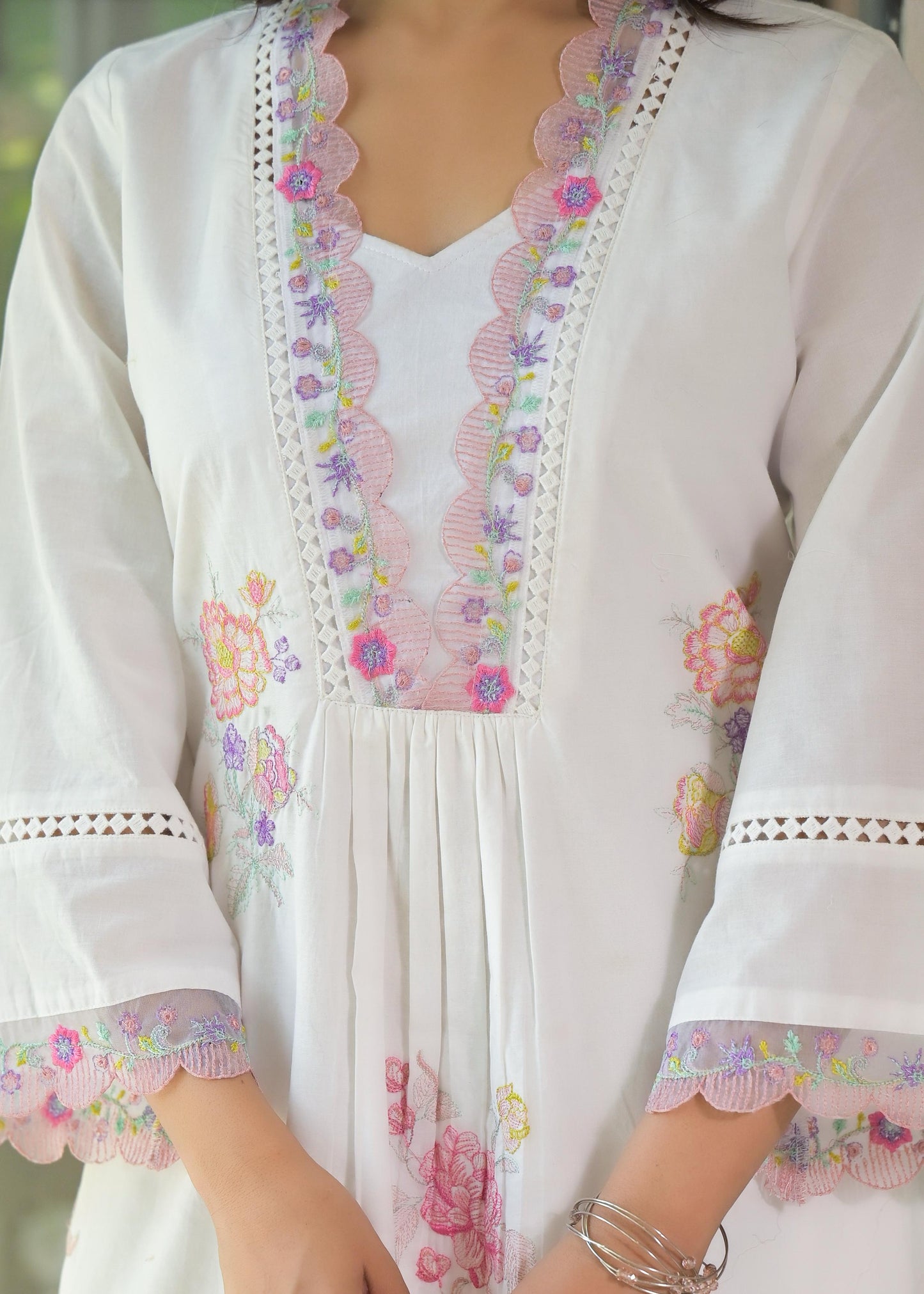 Women's Premium Pure Cotton Embroidered Kurta Pant Set | White Cotton Co-Ord Set with Floral Embroidery & Lace Work