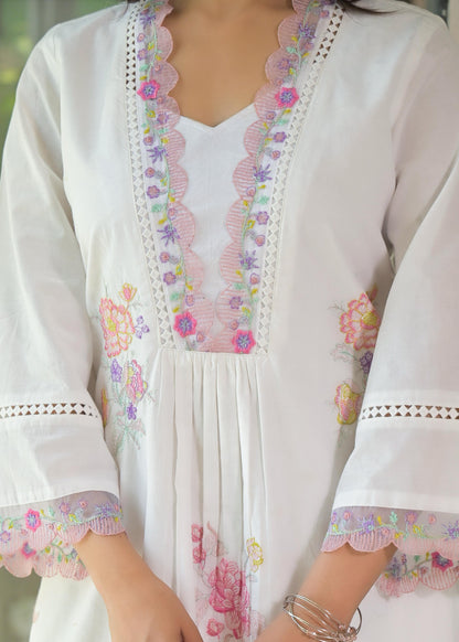 Women's Premium Pure Cotton Embroidered Kurta Pant Set | White Cotton Co-Ord Set with Floral Embroidery & Lace Work