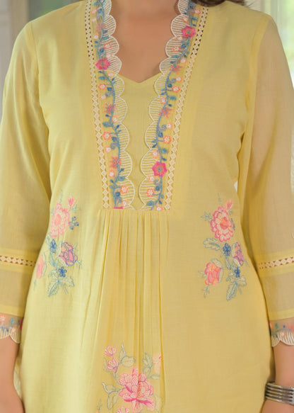 Women's Premium Pure Cotton Embroidered Kurta Pant Set | Yellow Cotton Co-Ord Set with Lace Work | Ethnic Wear