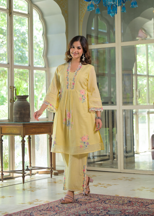 Women's Premium Pure Cotton Embroidered Kurta Pant Set | Yellow Cotton Co-Ord Set with Lace Work | Ethnic Wear