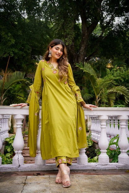 Women's Premium Cotton Anarkali Kurta Pant Dupatta Set | Olive Green Embroidered Cotton Suit Set | Festive Ethnic Wear