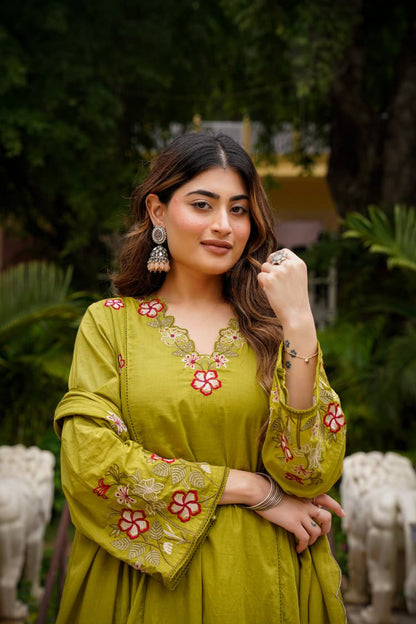 Women's Premium Cotton Anarkali Kurta Pant Dupatta Set | Olive Green Embroidered Cotton Suit Set | Festive Ethnic Wear