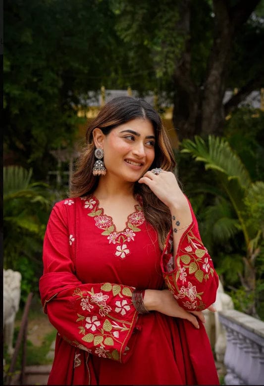 Women's Premium Cotton Anarkali Kurta Pant Dupatta Set | Red Embroidered Cotton Suit Set | Festive Ethnic Wear