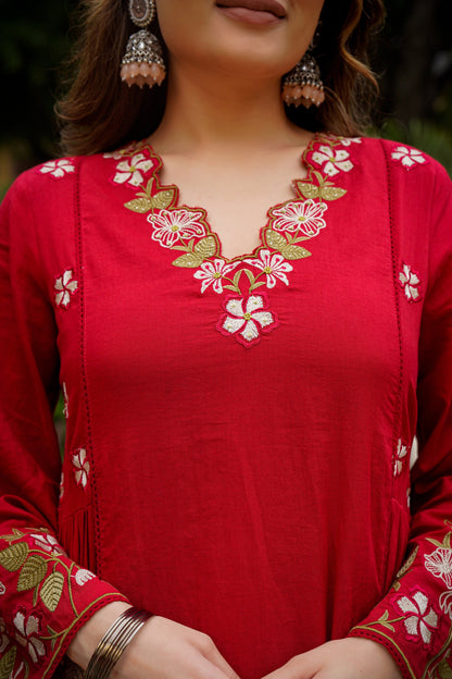 Women's Premium Cotton Anarkali Kurta Pant Dupatta Set | Red Embroidered Cotton Suit Set | Festive Ethnic Wear