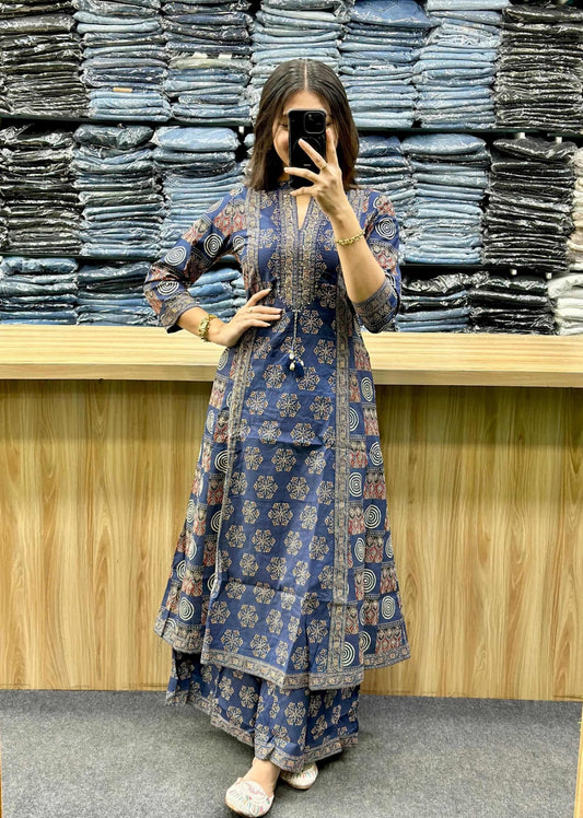 Women's Premium Cotton Sanganeri Print A-Line Kurta Sharara Set with Dupatta | Adda Work | Blue | 3-Piece Ethnic Wear