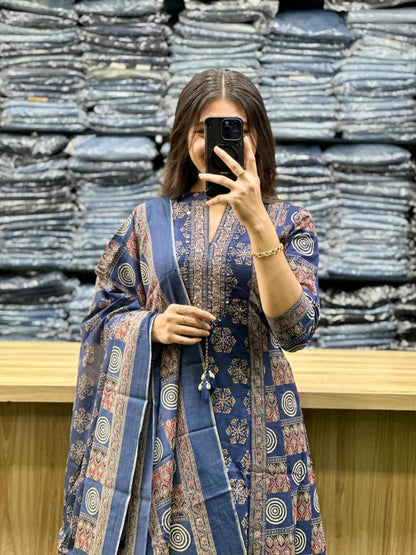 Women's Premium Cotton Sanganeri Print A-Line Kurta Sharara Set with Dupatta | Adda Work | Blue | 3-Piece Ethnic Wear