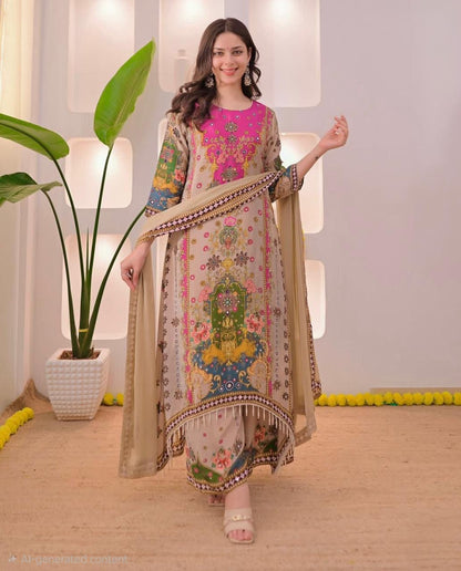 Women's Noori Muslin Cotton Anarkali Kurta Palazzo Set with Double Shade Dupatta | 3-Piece Ethnic Wear