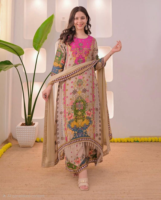 Women's Noori Muslin Cotton Anarkali Kurta Palazzo Set with Double Shade Dupatta | 3-Piece Ethnic Wear
