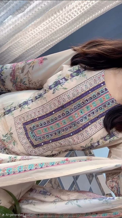 Women's Lilac Pure Silk Digital Print Suit Set with Dupatta | Hand Embroidery & Mirror Work | 3-Piece Ethnic Wear