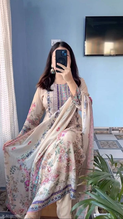 Women's Lilac Pure Silk Digital Print Suit Set with Dupatta | Hand Embroidery & Mirror Work | 3-Piece Ethnic Wear