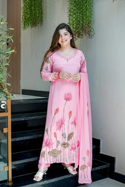 Women's Premium Chinon A-Line Handwork Kurta Pant Set with Dupatta | 3-Piece Festive Wear
