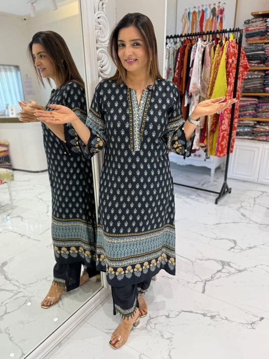 Women's Black Heavy Cotton Printed Kurta Pant Dupatta Set | Hand Sequence & Adda Work | 3-Piece Ethnic Suit