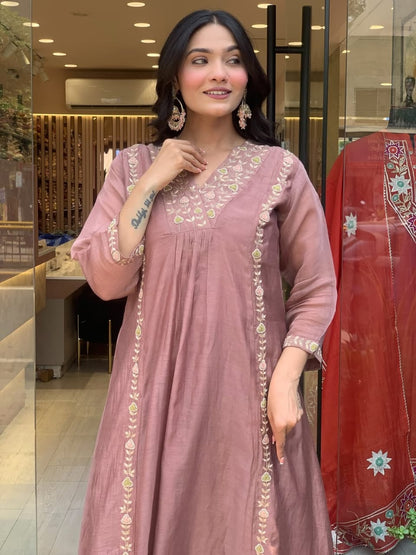 Women's Premium Mul Chanderi Anarkali Kurta Pant Set with Dupatta | Embroidered 3-Piece Festive Wear