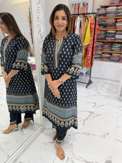 Women's Black Heavy Cotton Printed Kurta Pant Dupatta Set | Hand Sequence & Adda Work | 3-Piece Ethnic Suit
