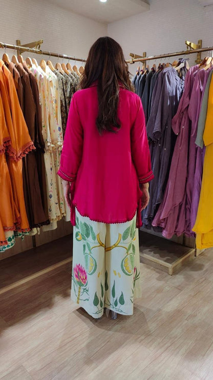 Women's Rani Pink Cotton Co-Ord Set | Loose Fit Embroidered Top with Printed Palazzo | Premium Cotton 2-Piece Set