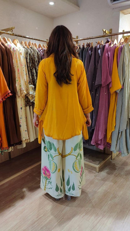 Women's Mustard Cotton Co-Ord Set | Loose Fit Embroidered Top with Printed Palazzo | Premium Cotton 2-Piece Set