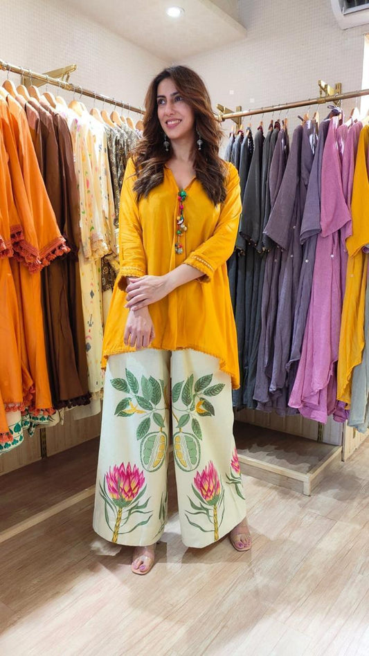 Women's Mustard Cotton Co-Ord Set | Loose Fit Embroidered Top with Printed Palazzo | Premium Cotton 2-Piece Set