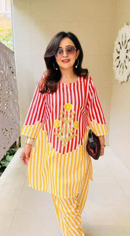 Women's Red & Yellow Striped Cotton Co-ord Set | Embroidered Kurta with Matching Pants