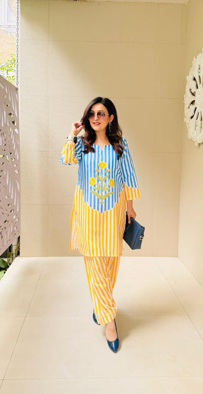 Women's Blue & Yellow Striped Cotton Co-ord Set | Embroidered Kurta with Matching Pants