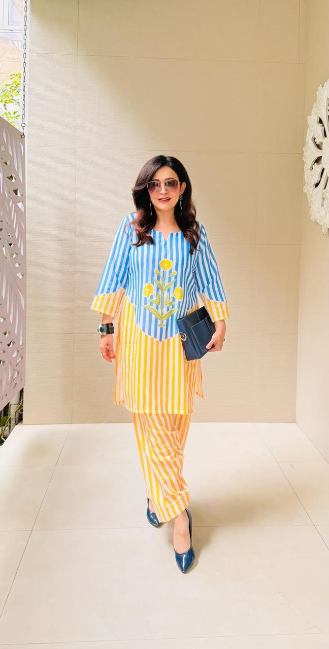 Women's Blue & Yellow Striped Cotton Co-ord Set | Embroidered Kurta with Matching Pants