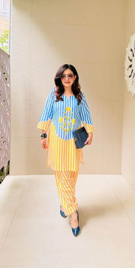 Women's Blue & Yellow Striped Cotton Co-ord Set | Embroidered Kurta with Matching Pants