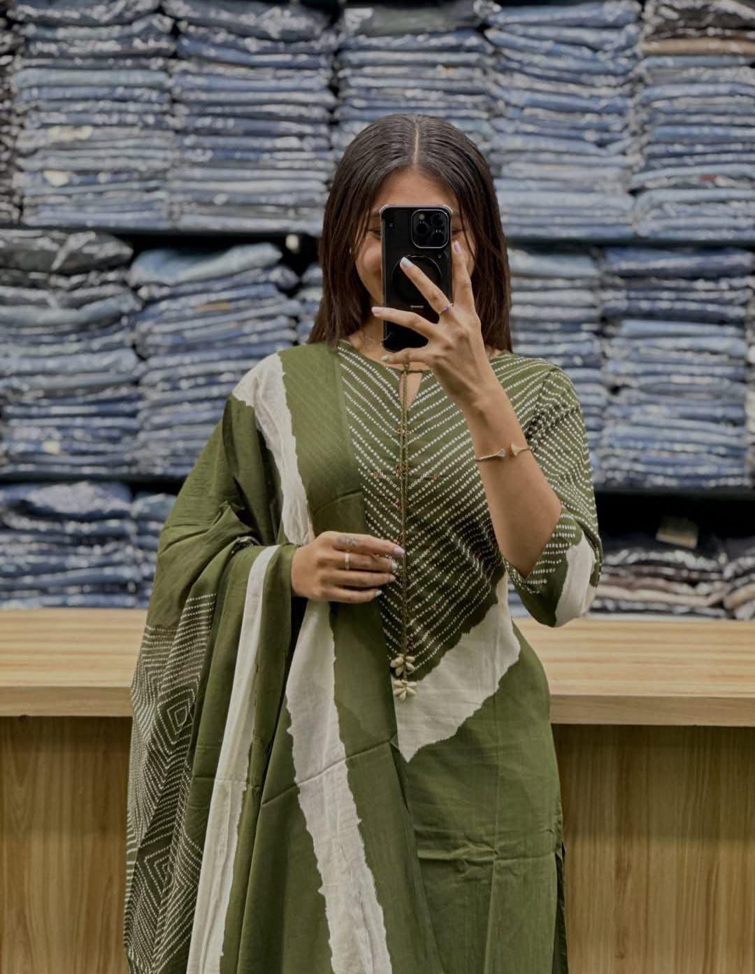 Women's Premium Cotton 60x60 A-Line Kurta Palazzo Set with Dupatta | Dori & Codi Work | Olive Green | 3-Piece Ethnic Wear