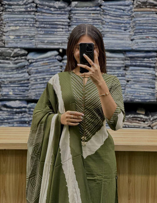 Women's Premium Cotton 60x60 A-Line Kurta Palazzo Set with Dupatta | Dori & Codi Work | Olive Green | 3-Piece Ethnic Wear