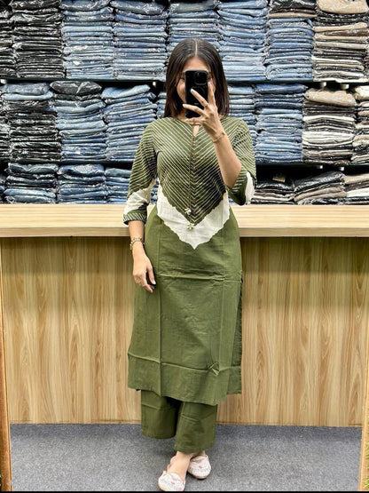 Women's Premium Cotton 60x60 A-Line Kurta Palazzo Set with Dupatta | Dori & Codi Work | Olive Green | 3-Piece Ethnic Wear