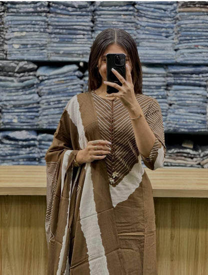 Women's Premium Cotton 60x60 A-Line Kurta Palazzo Set with Dupatta | Dori & Codi Work | Coffee Brown | 3-Piece Ethnic Wear