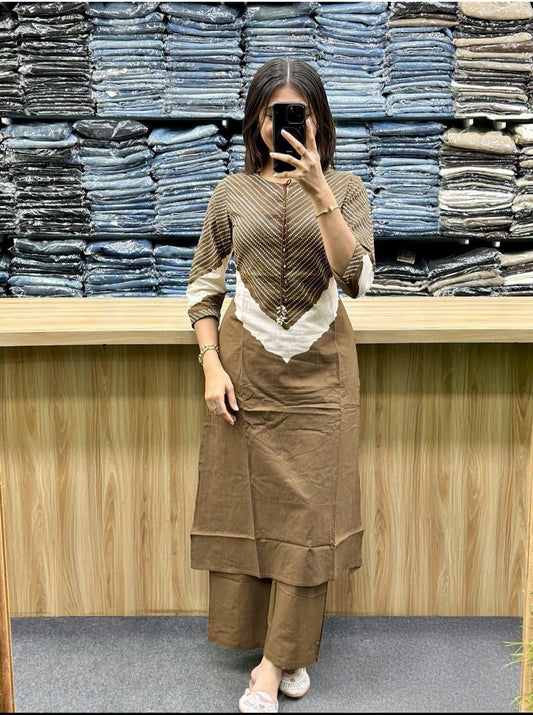 Women's Premium Cotton 60x60 A-Line Kurta Palazzo Set with Dupatta | Dori & Codi Work | Coffee Brown | 3-Piece Ethnic Wear