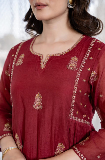 Women's Maroon Mul Chanderi Anarkali Kurta Pant Dupatta Set | Premium Embroidered 3-Piece Ethnic Suit with Cotton Lining