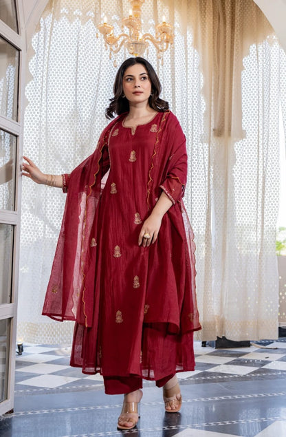 Women's Maroon Mul Chanderi Anarkali Kurta Pant Dupatta Set | Premium Embroidered 3-Piece Ethnic Suit with Cotton Lining