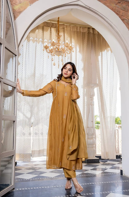 Women's Mustard Mul Chanderi Anarkali Kurta Pant Dupatta Set | Premium Embroidered 3-Piece Ethnic Suit with Cotton Lining