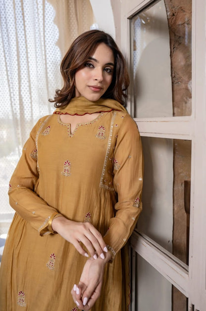 Women's Mustard Mul Chanderi Anarkali Kurta Pant Dupatta Set | Premium Embroidered 3-Piece Ethnic Suit with Cotton Lining