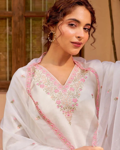 Women's White Chanderi Silk Kurta Sharara Dupatta Set | Heavy Embroidered 3-Piece Festive Suit with Sequence Work