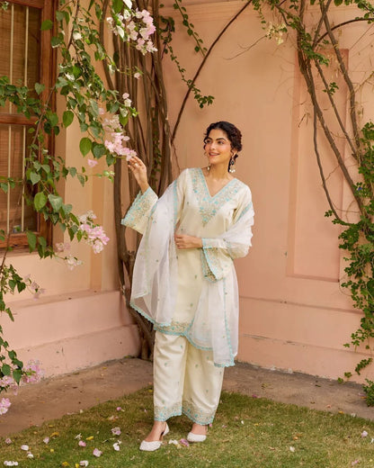 Women's White & Sky Blue Chanderi Silk Kurta Sharara Dupatta Set | Heavy Embroidered 3-Piece Festive Suit with Sequence Work