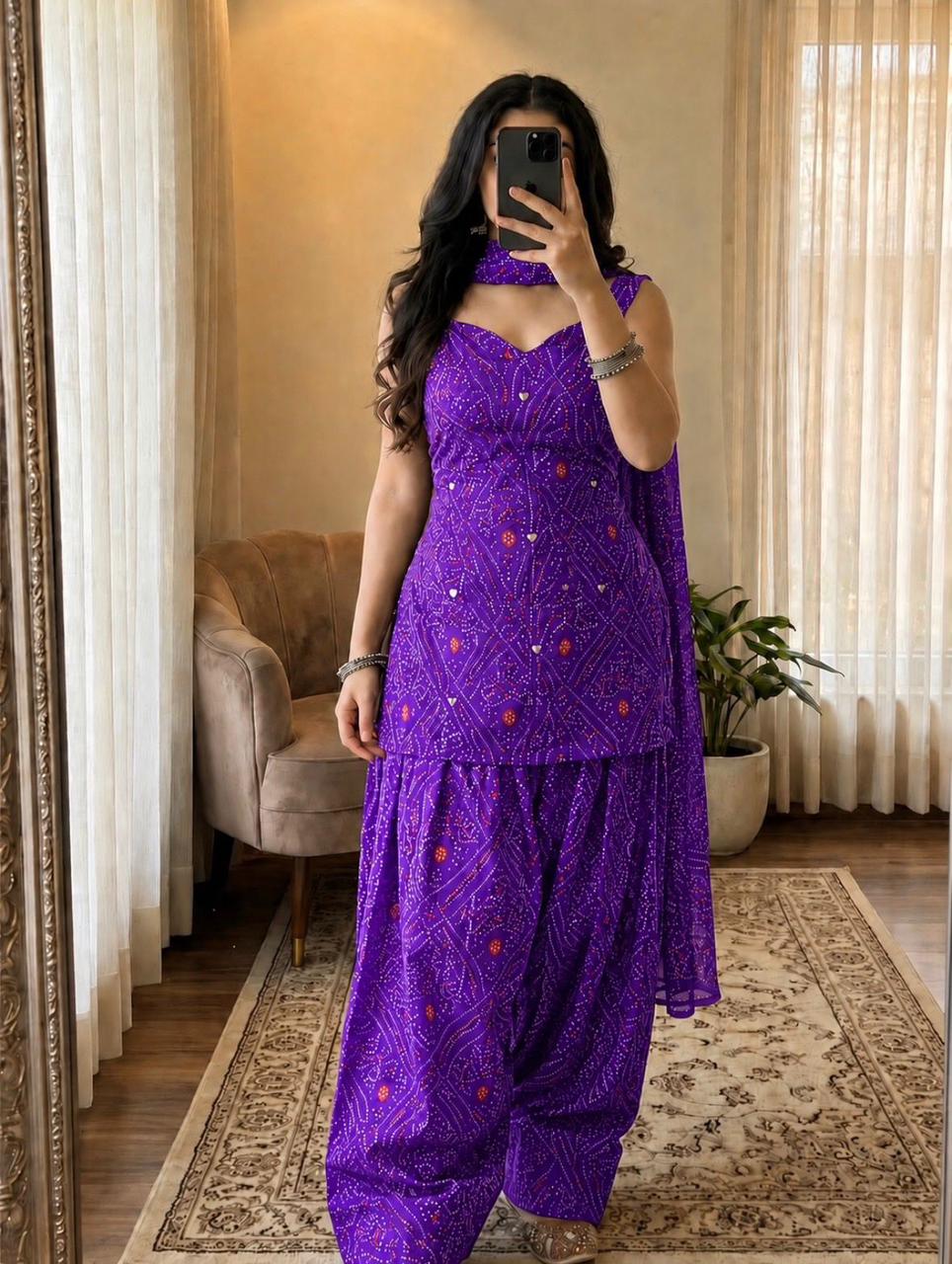 Women’s Premium Cotton Bandhani Jaipuri Print Suit Set | Mirror Work Sweetheart Neck Kurti with Flared Patiala Salwar & Dupatta