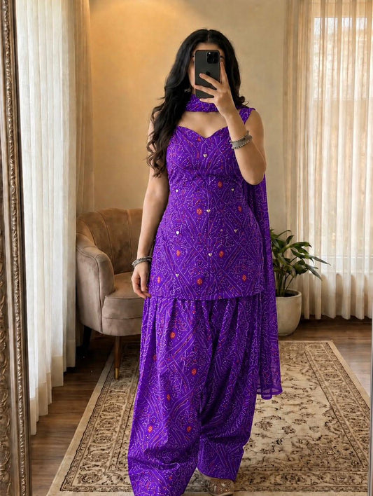 Women’s Premium Cotton Bandhani Jaipuri Print Suit Set | Mirror Work Sweetheart Neck Kurti with Flared Patiala Salwar & Dupatta
