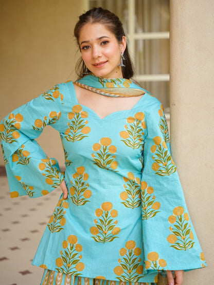 Women’s Cotton 60/60 Corset-Style Kurta with Printed Farshi Salwar & Dupatta | Dori Tassel 3-Piece Set