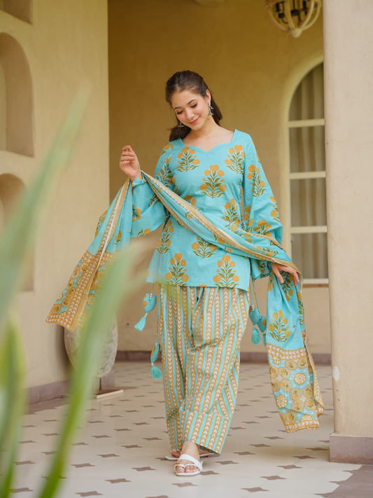 Women’s Cotton 60/60 Corset-Style Kurta with Printed Farshi Salwar & Dupatta | Dori Tassel 3-Piece Set