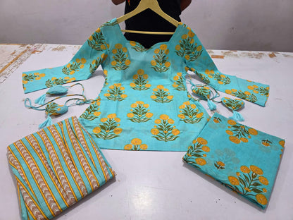 Women’s Cotton 60/60 Corset-Style Kurta with Printed Farshi Salwar & Dupatta | Dori Tassel 3-Piece Set