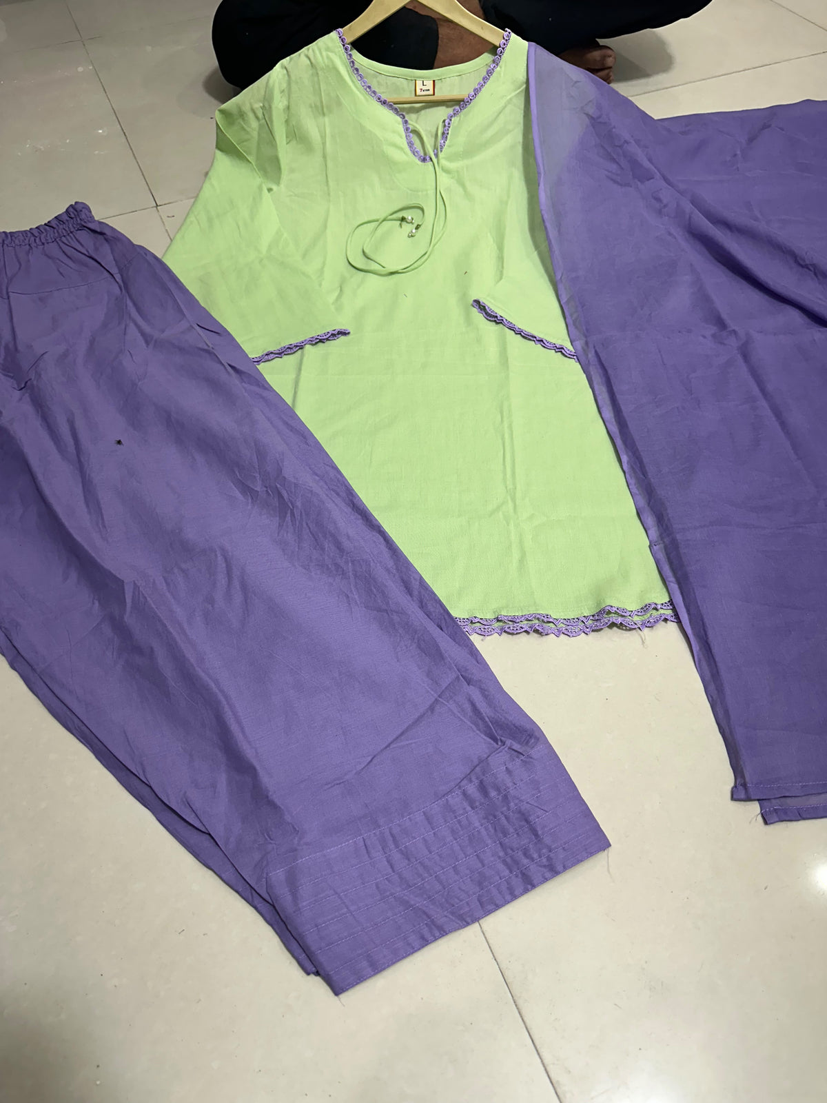 Women’s Premium Cotton 60/60 Square Neck Kurta Salwar Dupatta Set | Pistachio Green & Lavender 3-Piece Suit