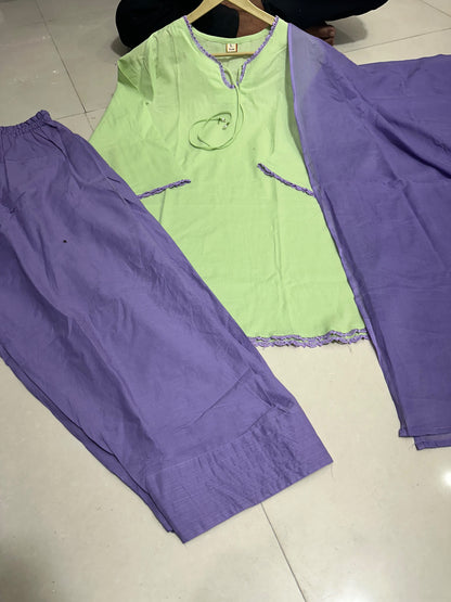 Women’s Premium Cotton 60/60 Square Neck Kurta Salwar Dupatta Set | Pistachio Green & Lavender 3-Piece Suit