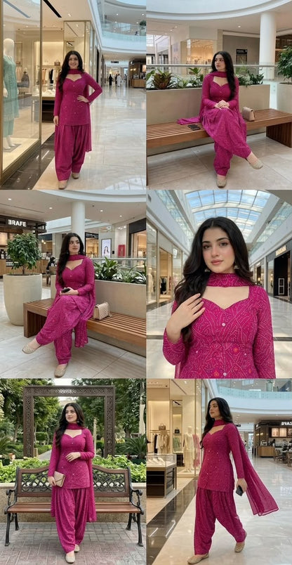 Women’s Premium Cotton Bandhani Jaipuri Print Suit Set | Mirror Work Sweetheart Neck Kurti with Flared Patiala Salwar & Dupatta