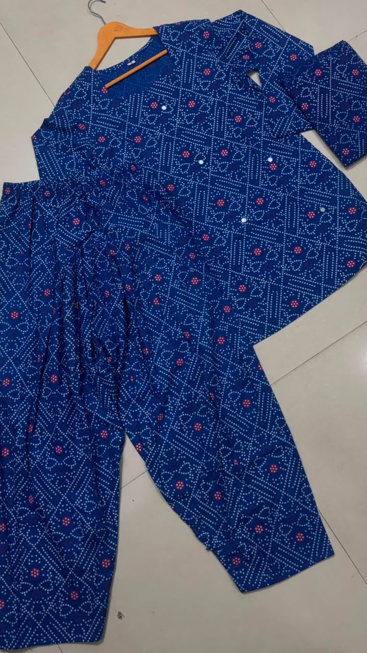 Women’s Premium Cotton Bandhani Jaipuri Print Suit Set | Mirror Work Sweetheart Neck Kurti with Flared Patiala Salwar & Dupatta