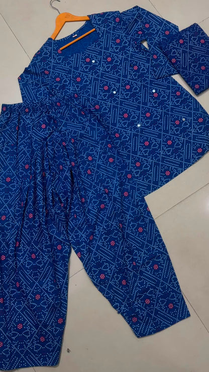 Women’s Premium Cotton Bandhani Jaipuri Print Suit Set | Mirror Work Sweetheart Neck Kurti with Flared Patiala Salwar & Dupatta